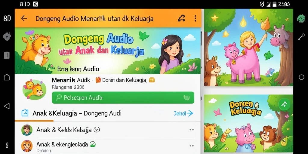 Tampilan antarmuka aplikasi 8ID dengan pilihan dongeng audio.