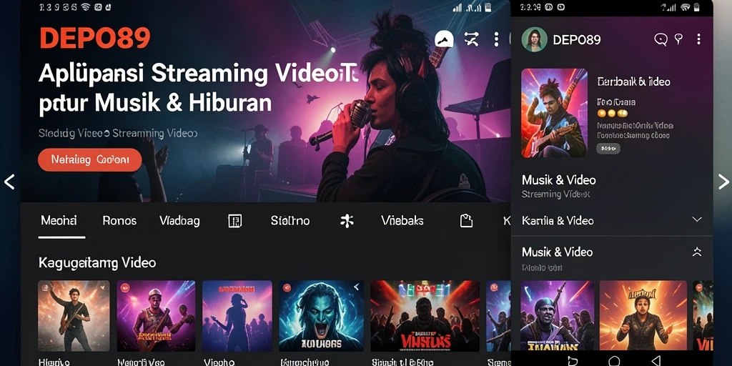 Screenshot aplikasi DEPO89 menampilkan antarmuka pengguna yang intuitif untuk streaming video.