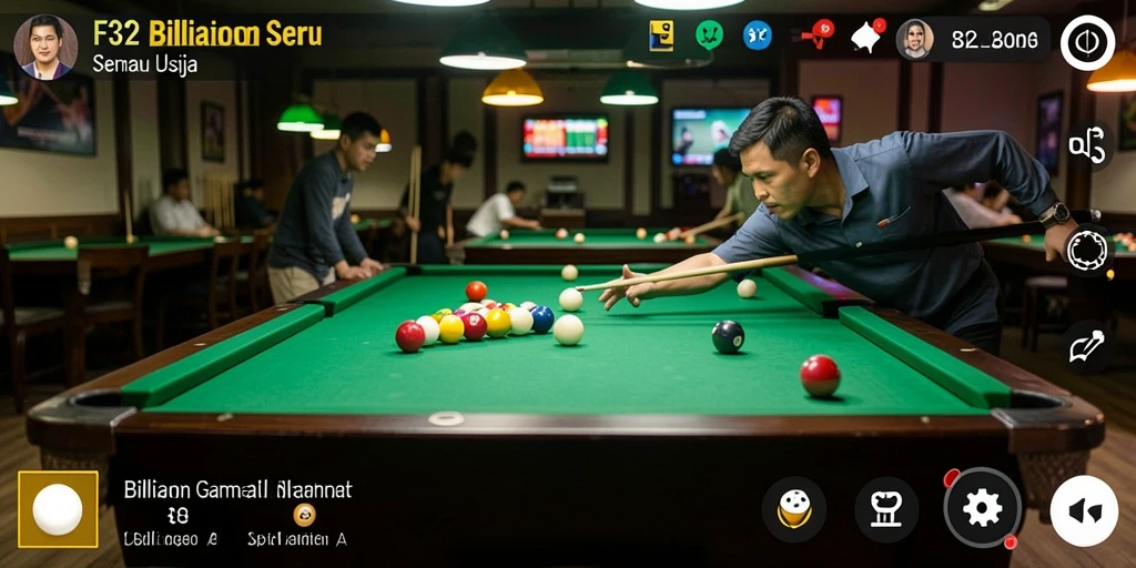 Tampilan antarmuka F32 yang menampilkan meja billiard dan opsi permainan.