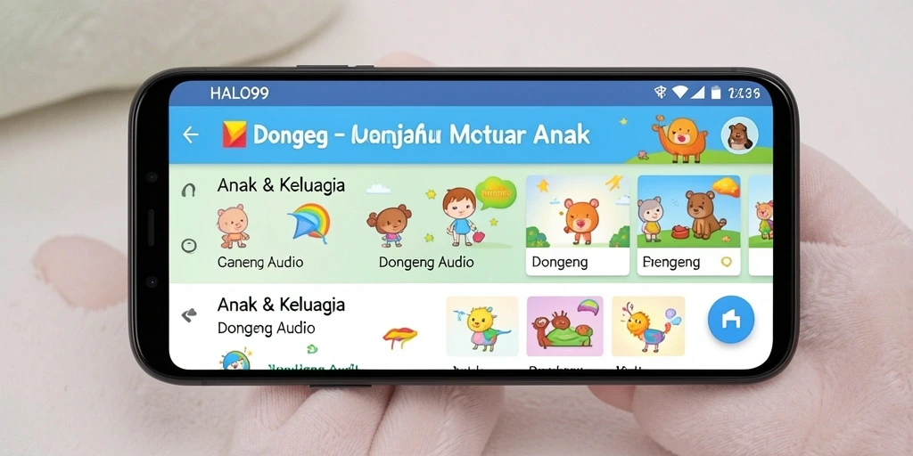 Antarmuka HALO99 yang menarik dan intuitif untuk dongeng audio.